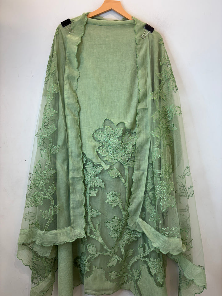 Green Crush Mul Appliqué Suit Set with Cutwork Detailing