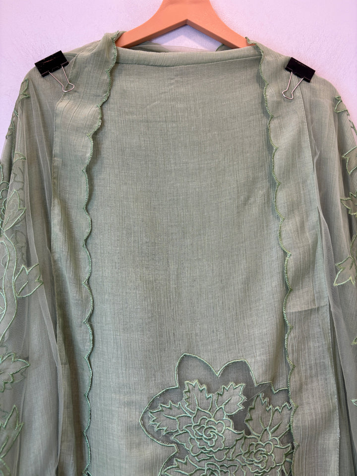 Green Crush Mul Appliqué Suit Set with Cutwork Detailing