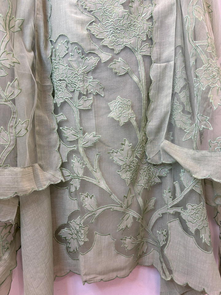 Green Crush Mul Appliqué Suit Set with Cutwork Detailing