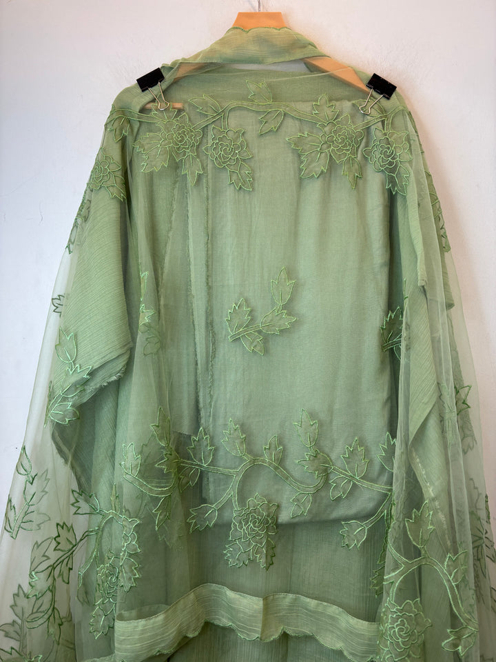 Green Crush Mul Appliqué Suit Set with Cutwork Detailing