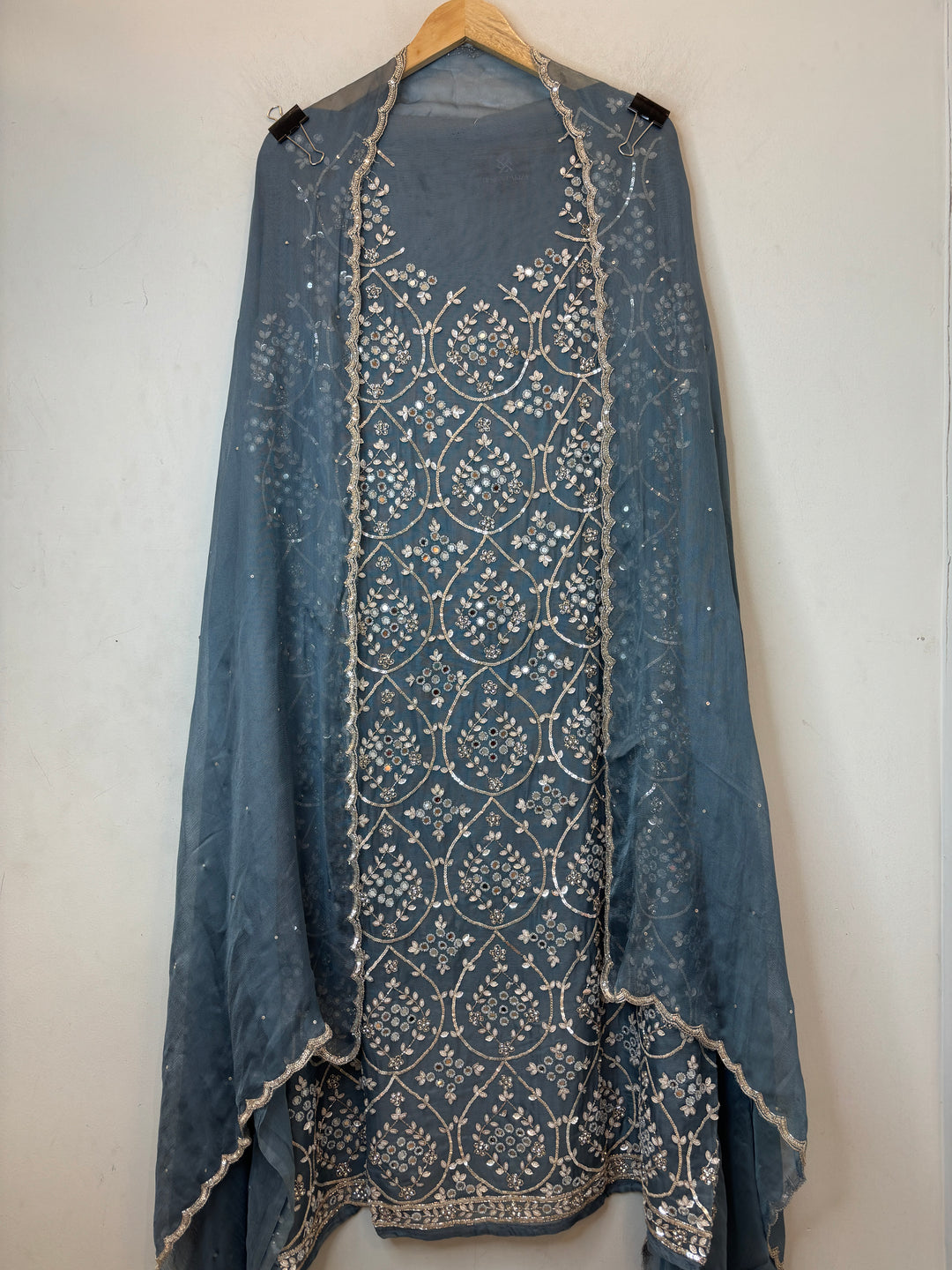 Blue Burberry Tissue Unstitched Suit Set with Heavy Embellishment