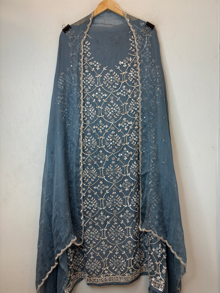 Blue Burberry Tissue Unstitched Suit Set with Heavy Embellishment
