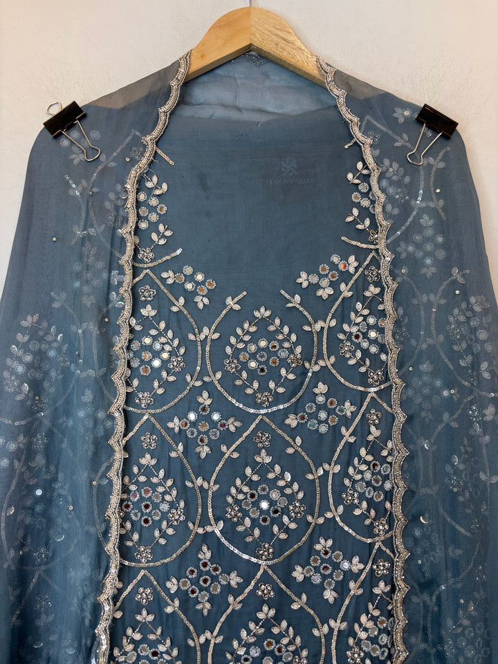 Blue Burberry Tissue Unstitched Suit Set with Heavy Embellishment