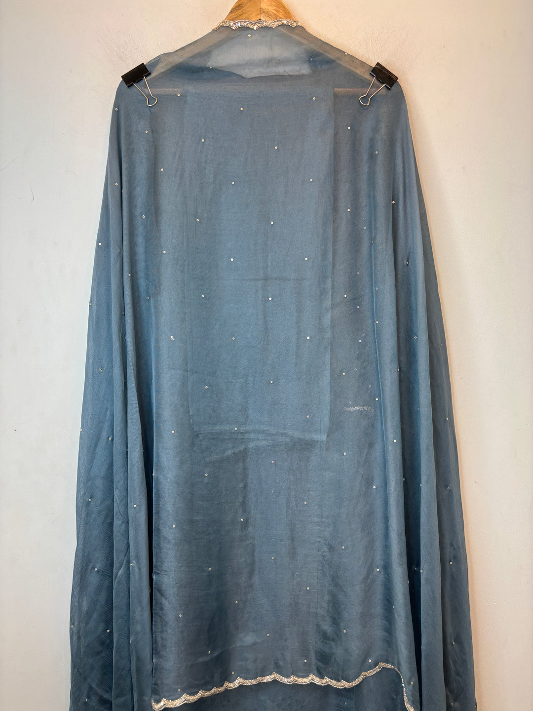 Blue Burberry Tissue Unstitched Suit Set with Heavy Embellishment