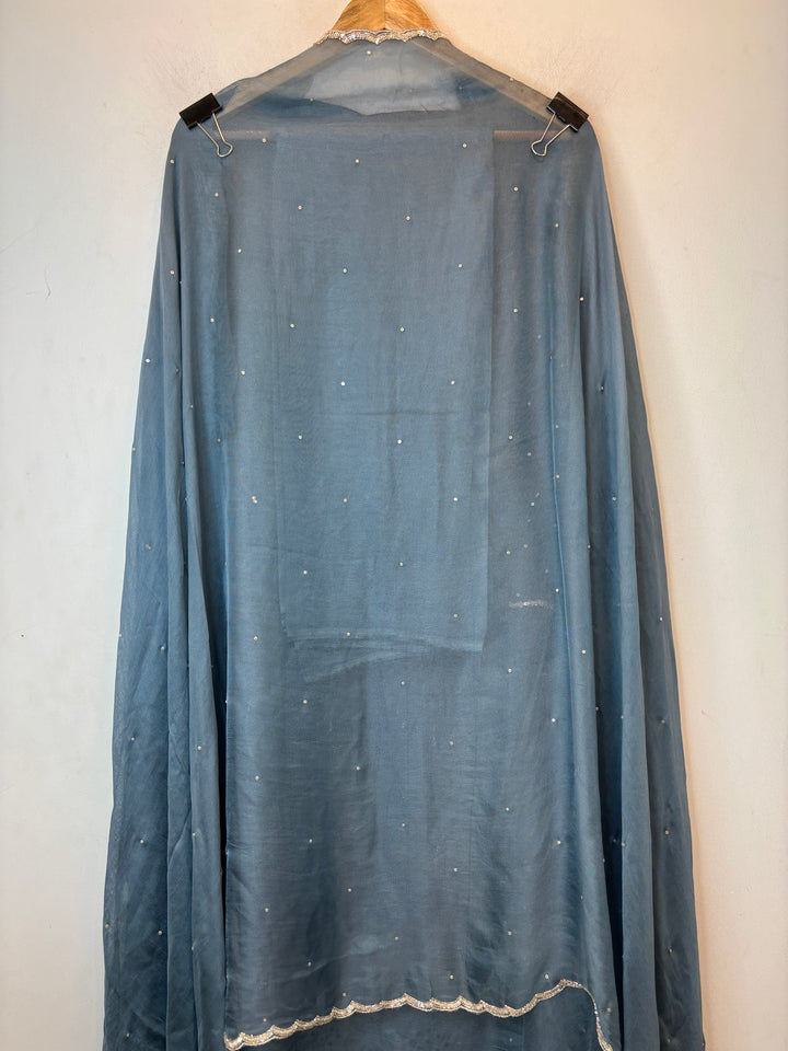 Blue Burberry Tissue Unstitched Suit Set with Heavy Embellishment