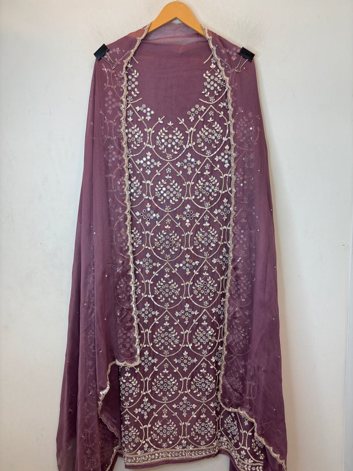 Wine Burberry Tissue Unstitched Suit Set with Heavy Embellishment