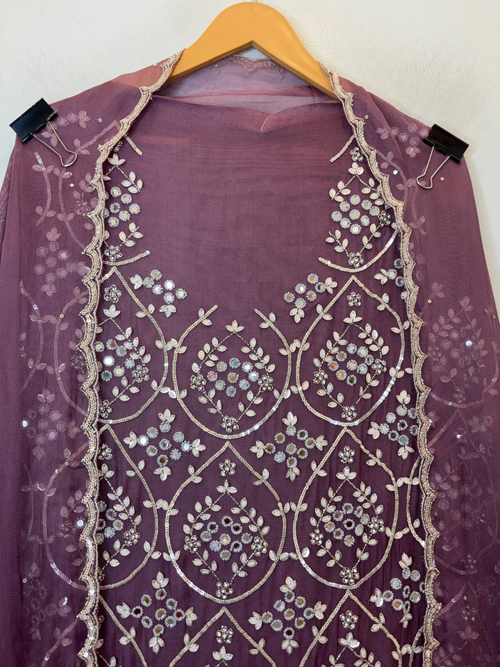 Wine Burberry Tissue Unstitched Suit Set with Heavy Embellishment