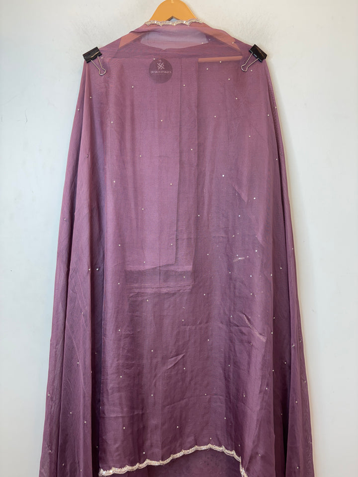Wine Burberry Tissue Unstitched Suit Set with Heavy Embellishment