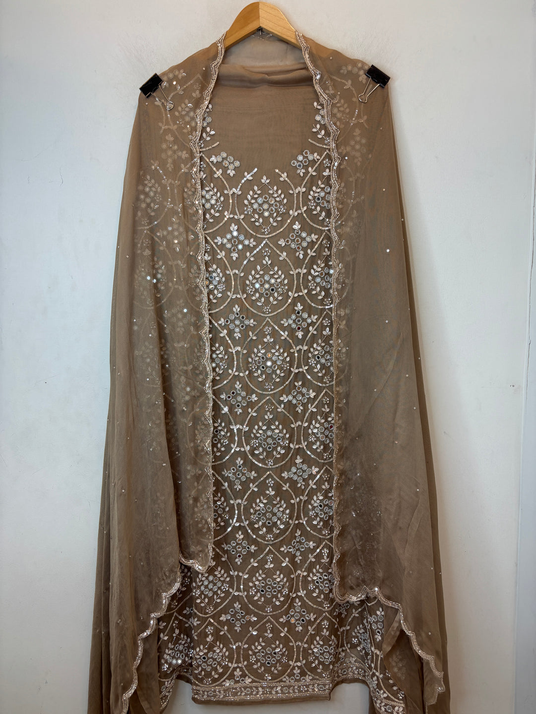 Brown Burberry Tissue Unstitched Suit Set with Heavy Embellishment