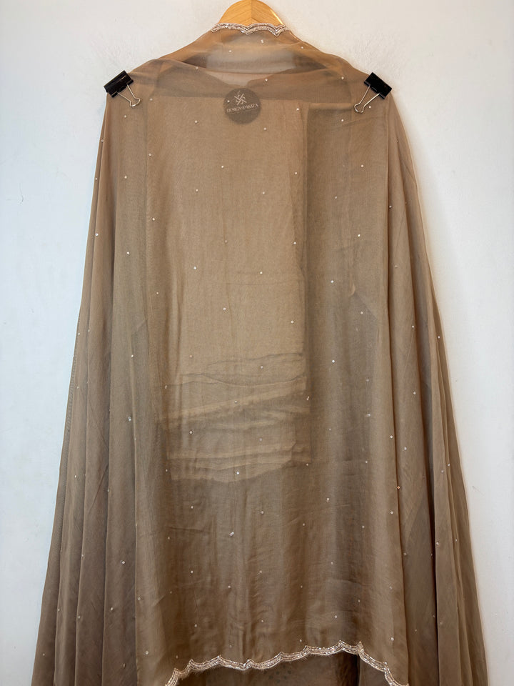 Brown Burberry Tissue Unstitched Suit Set with Heavy Embellishment