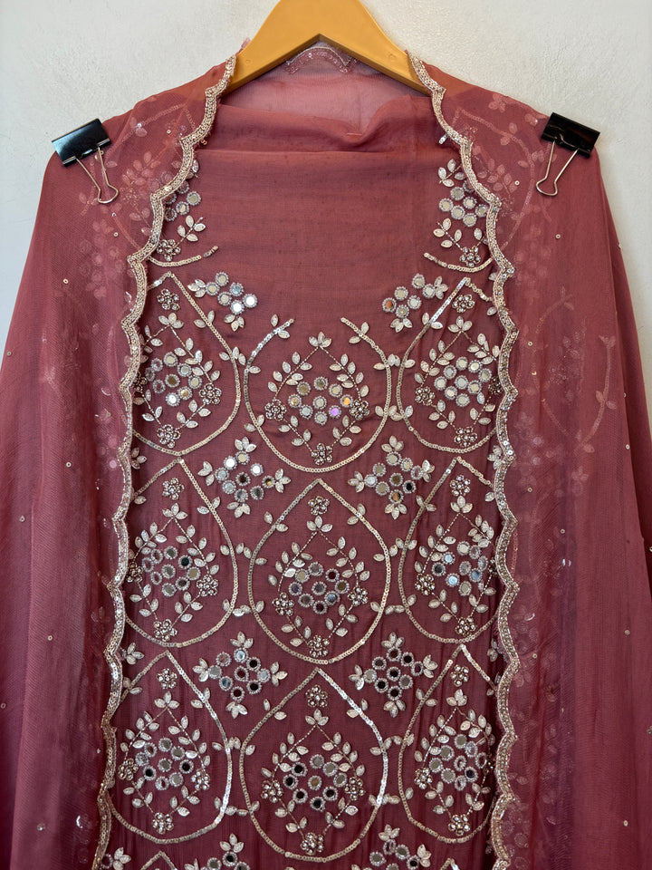 Pink Burberry Tissue Unstitched Suit Set with Heavy Embellishment