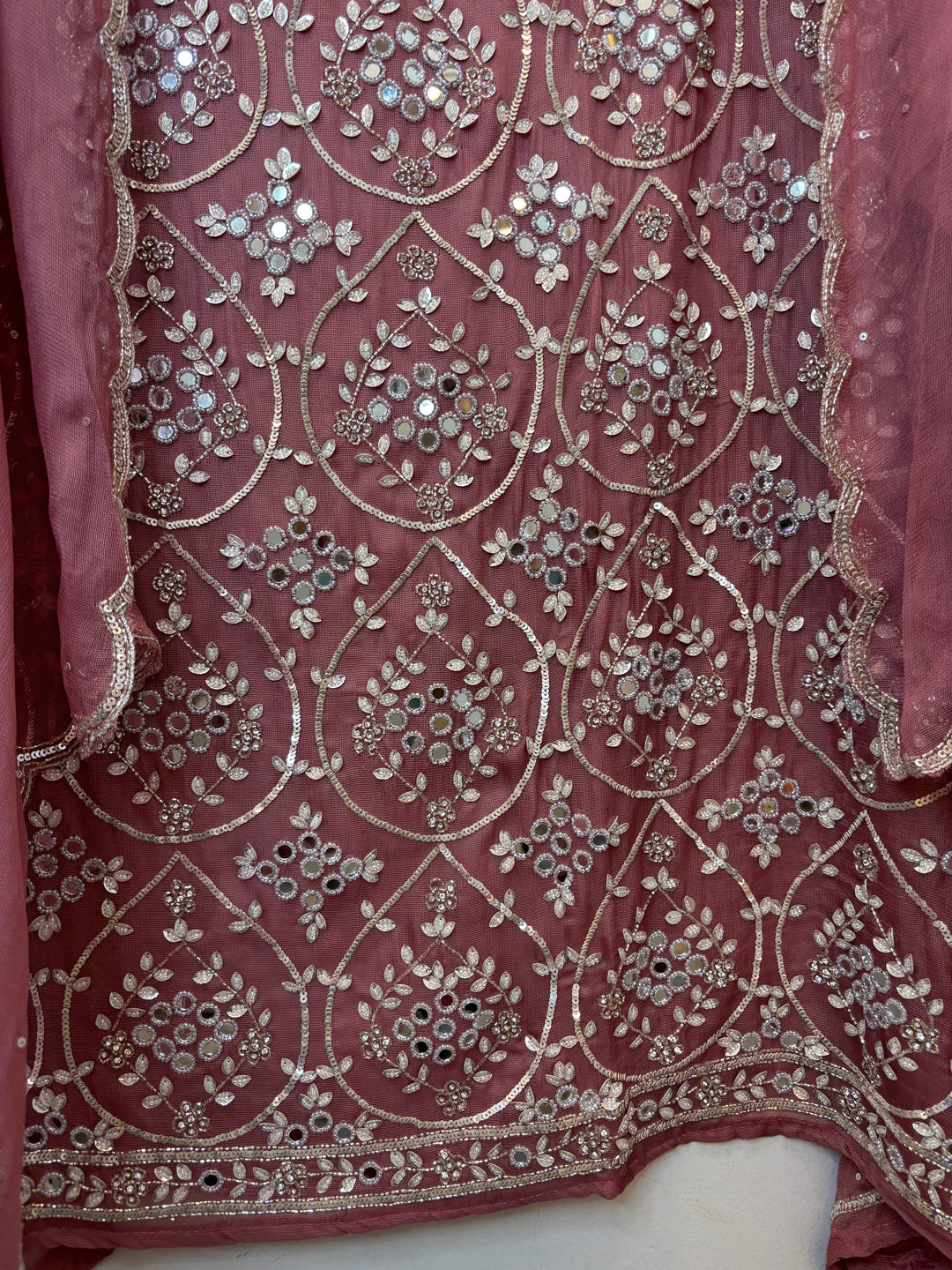 Pink Burberry Tissue Unstitched Suit Set with Heavy Embellishment