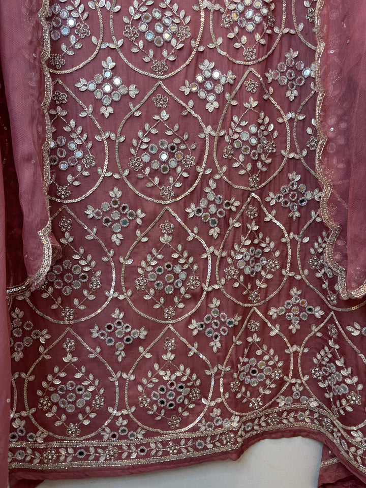 Pink Burberry Tissue Unstitched Suit Set with Heavy Embellishment