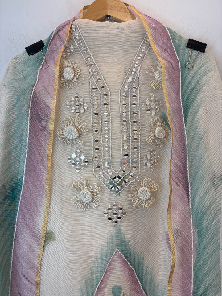 Dark Green Jute Cotton Mirror Work Suit Set