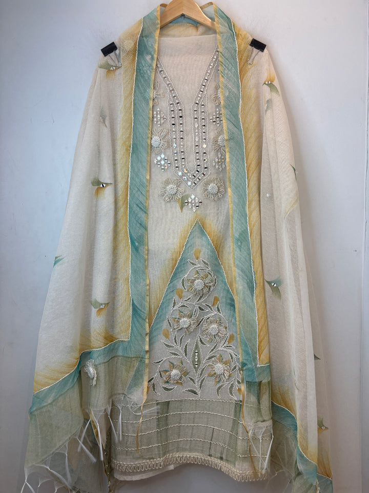 Green Jute Cotton Mirror Work Suit Set