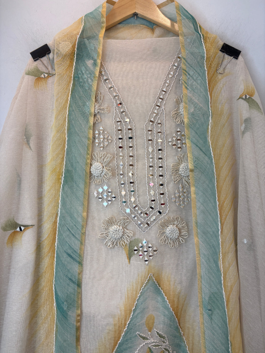 Green Jute Cotton Mirror Work Suit Set