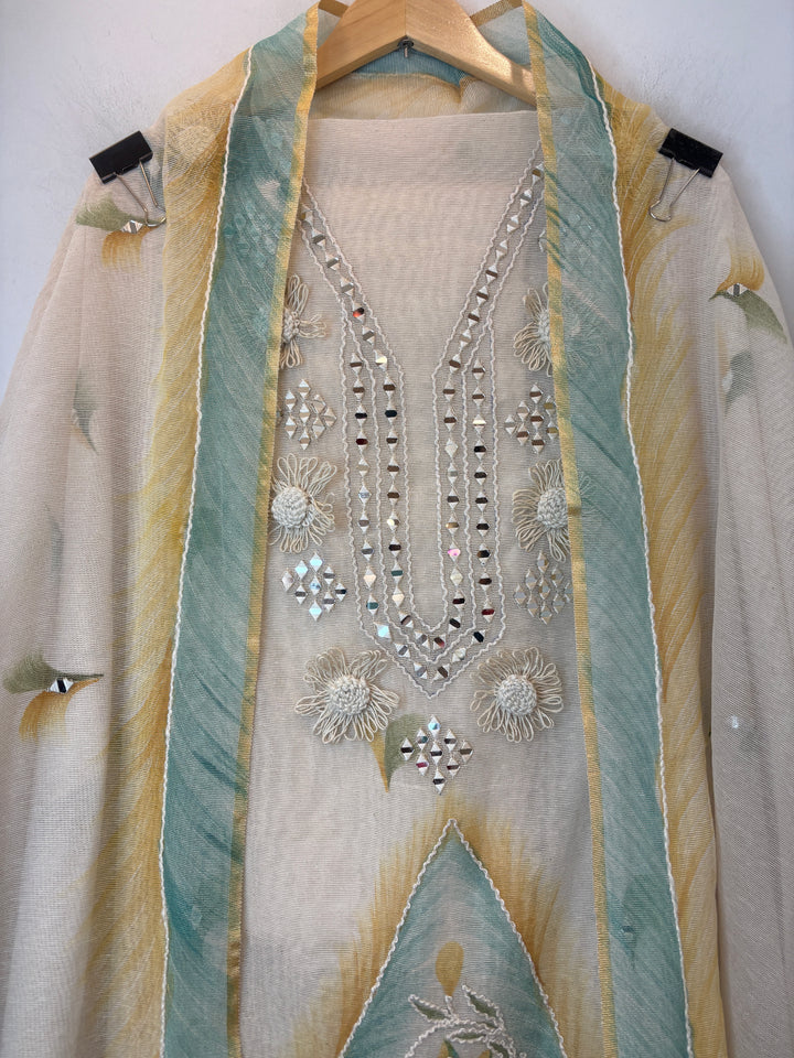 Green Jute Cotton Mirror Work Suit Set