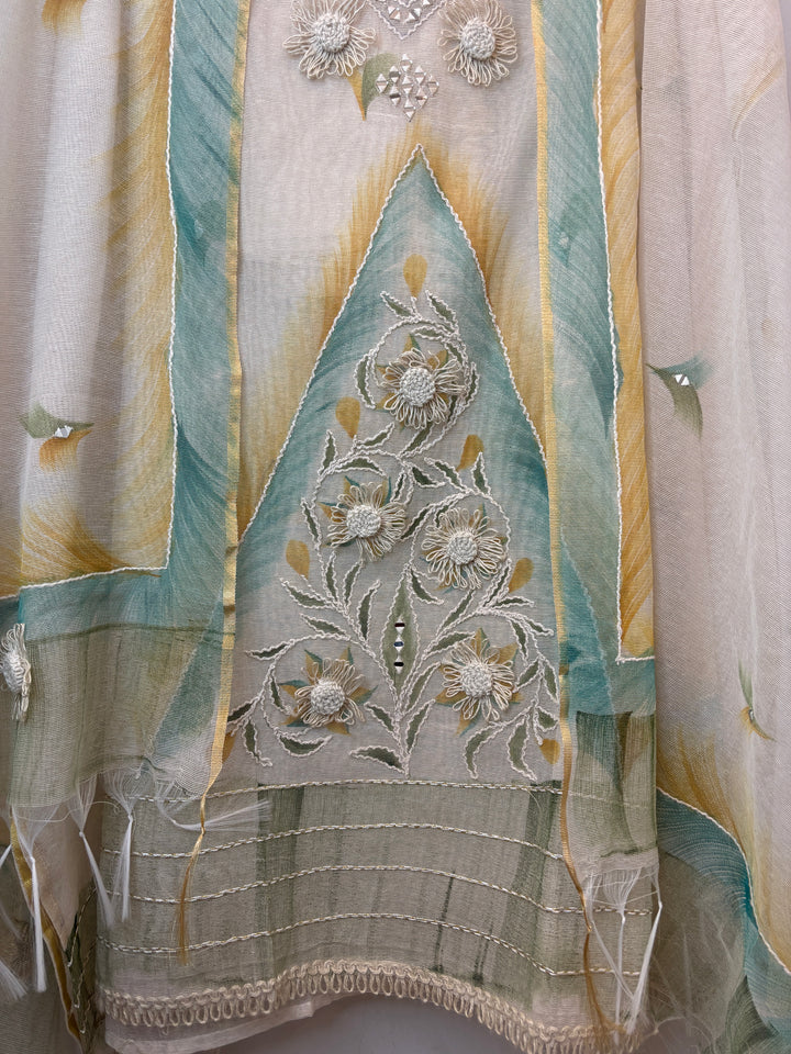 Green Jute Cotton Mirror Work Suit Set