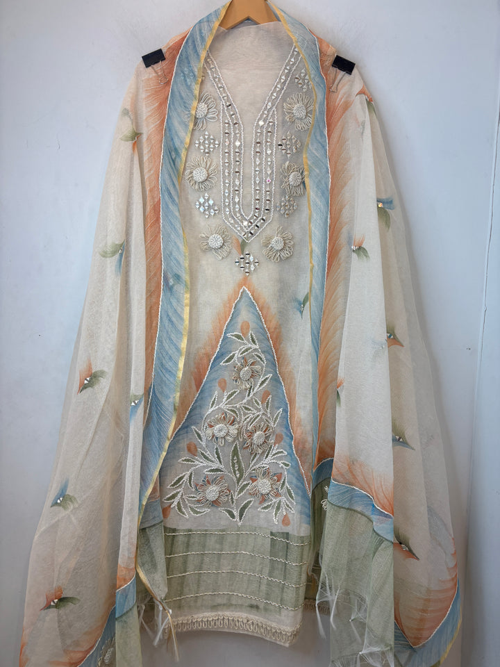 Blue Jute Cotton Mirror Work Suit Set