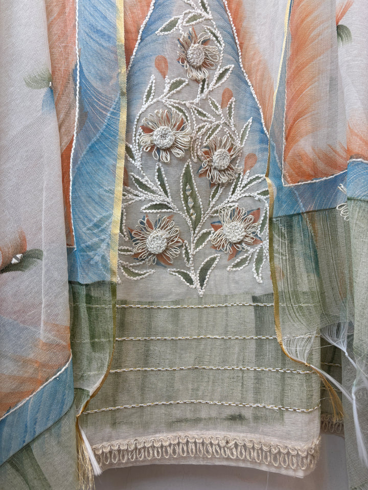 Blue Jute Cotton Mirror Work Suit Set
