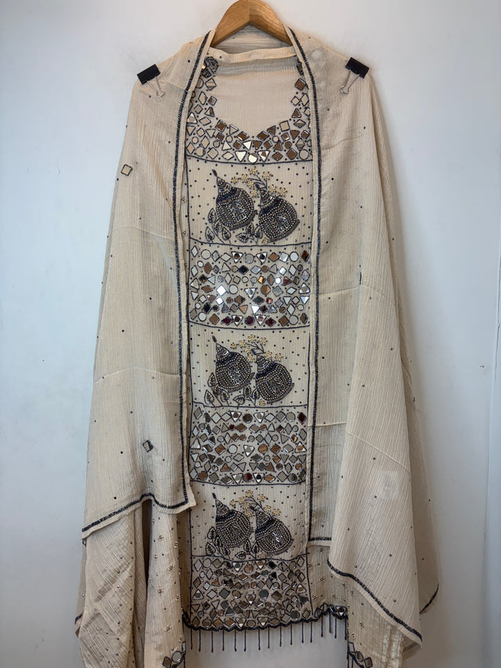 Crush Tissue Suit Set with 3D Floral &amp; Mirror Work