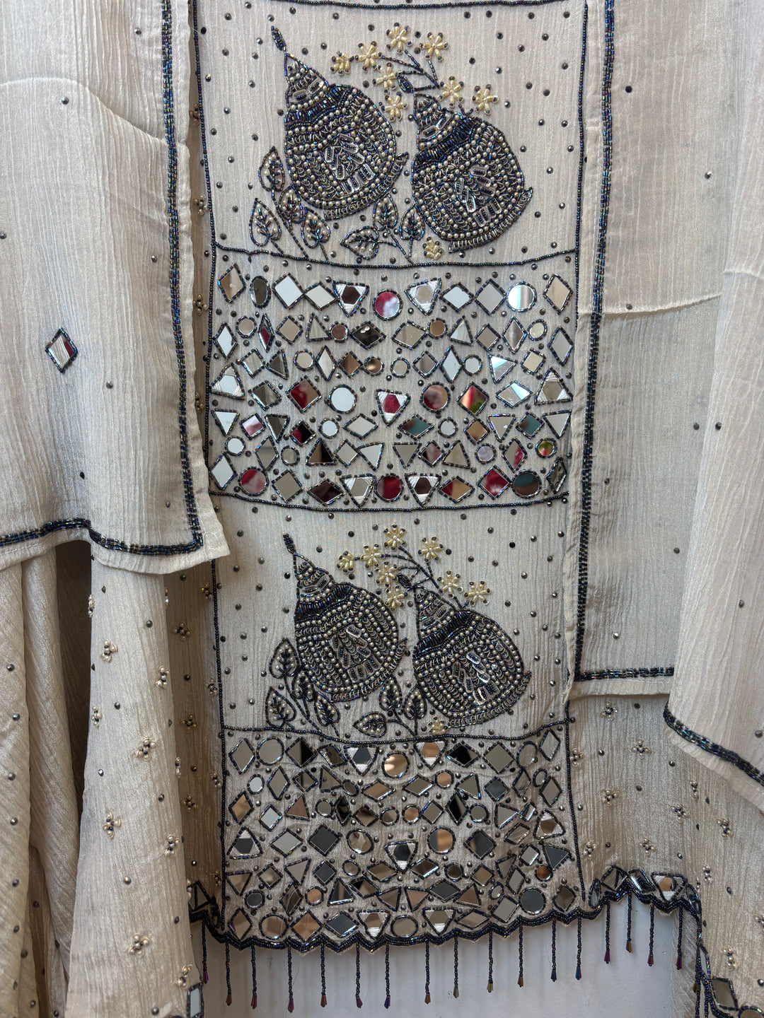 Crush Tissue Suit Set with 3D Floral &amp; Mirror Work