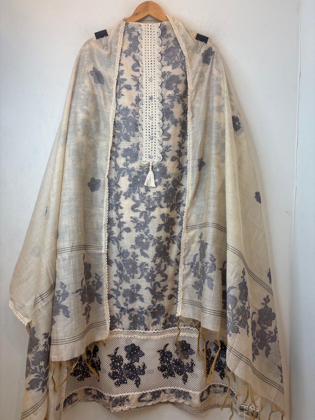 Dark Blue Jamdhani Woven Suit Set with Appliqué &amp; Lace Detailing