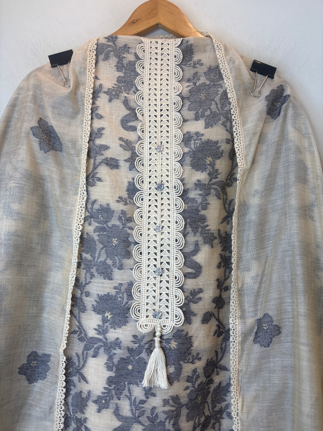Dark Blue Jamdhani Woven Suit Set with Appliqué &amp; Lace Detailing