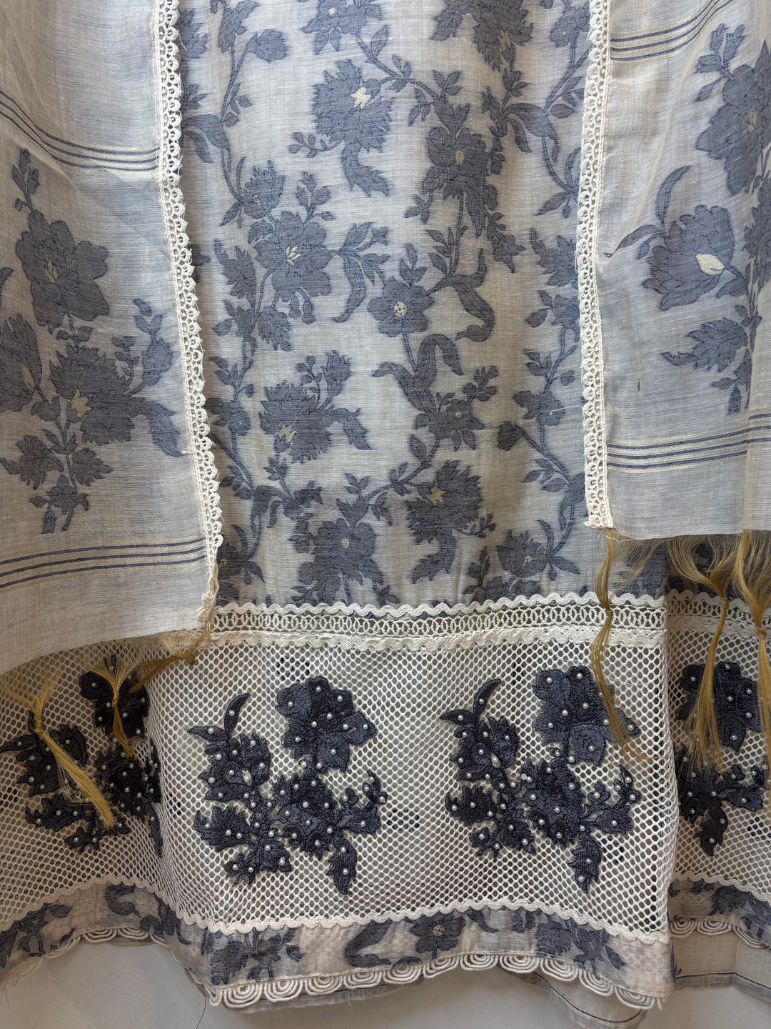 Dark Blue Jamdhani Woven Suit Set with Appliqué &amp; Lace Detailing
