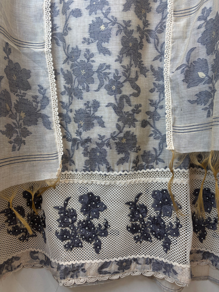 Dark Blue Jamdhani Woven Suit Set with Appliqué &amp; Lace Detailing