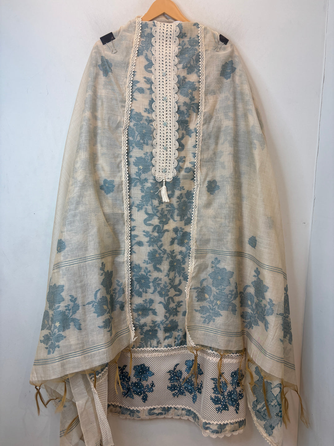 Blue Jamdhani Woven Suit Set with Appliqué &amp; Lace Detailing