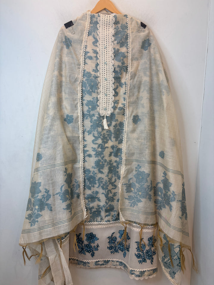 Blue Jamdhani Woven Suit Set with Appliqué &amp; Lace Detailing