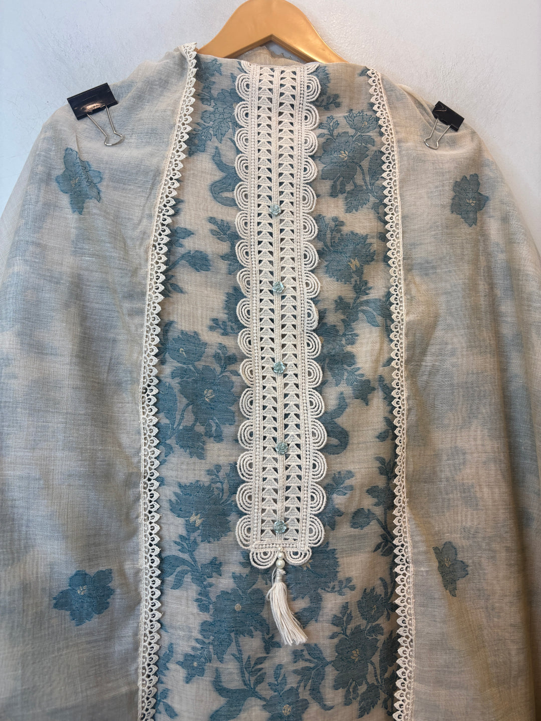 Blue Jamdhani Woven Suit Set with Appliqué &amp; Lace Detailing