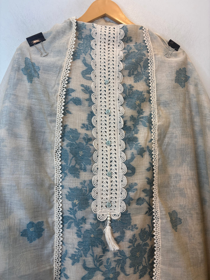 Blue Jamdhani Woven Suit Set with Appliqué &amp; Lace Detailing