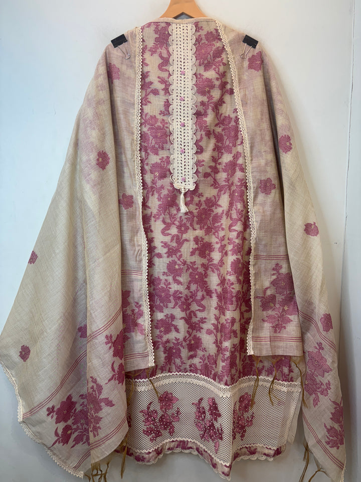 Pink Jamdhani Woven Suit Set with Appliqué &amp; Lace Detailing