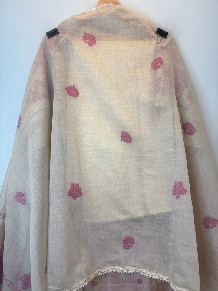Pink Jamdhani Woven Suit Set with Appliqué &amp; Lace Detailing