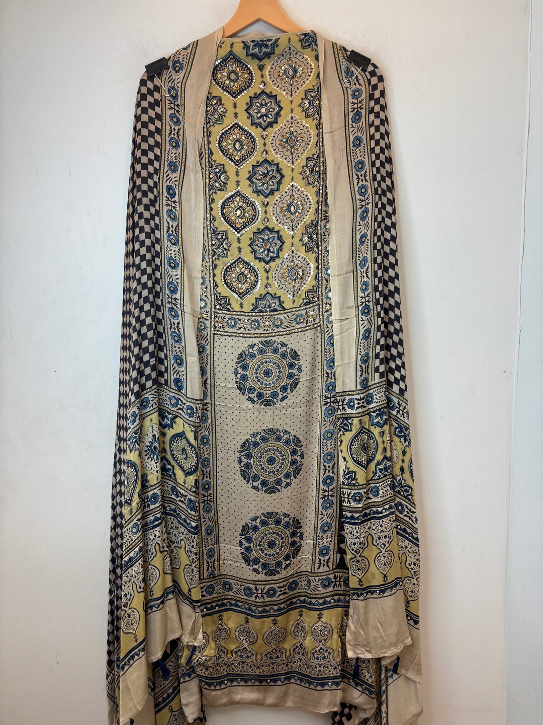 Green Ajrakh Modal Handblock Printed Suit Set with Mirror &amp; Cutdana Work