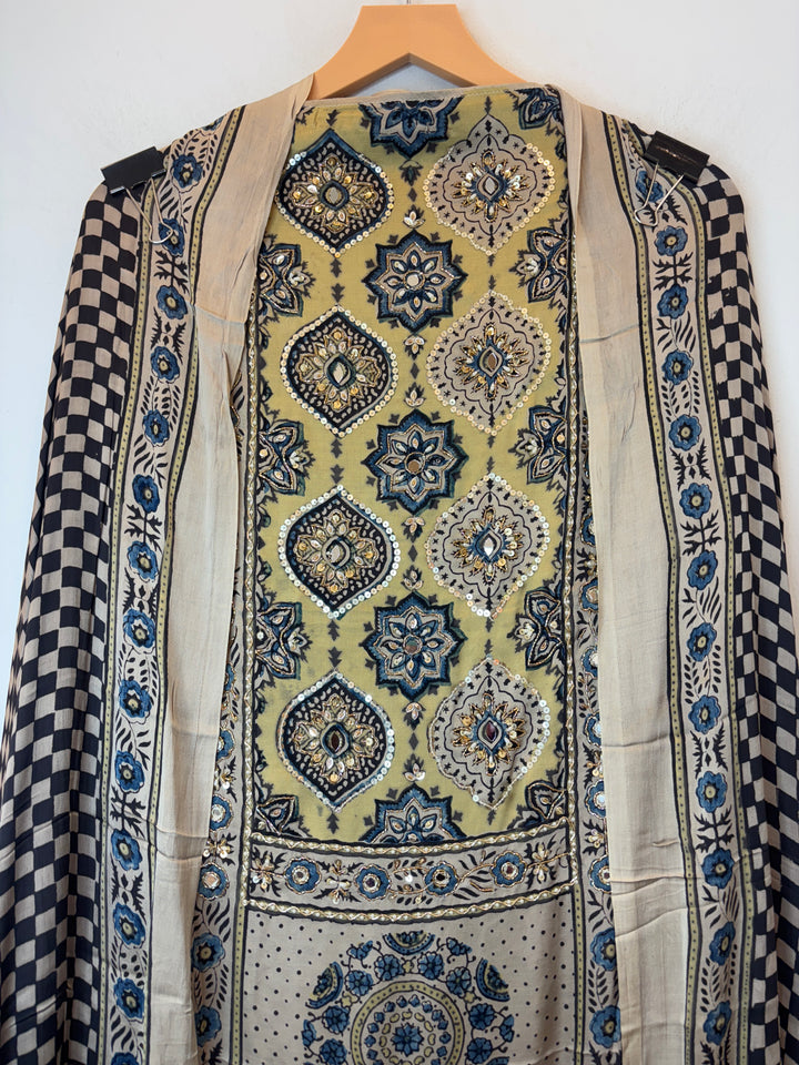Green Ajrakh Modal Handblock Printed Suit Set with Mirror &amp; Cutdana Work