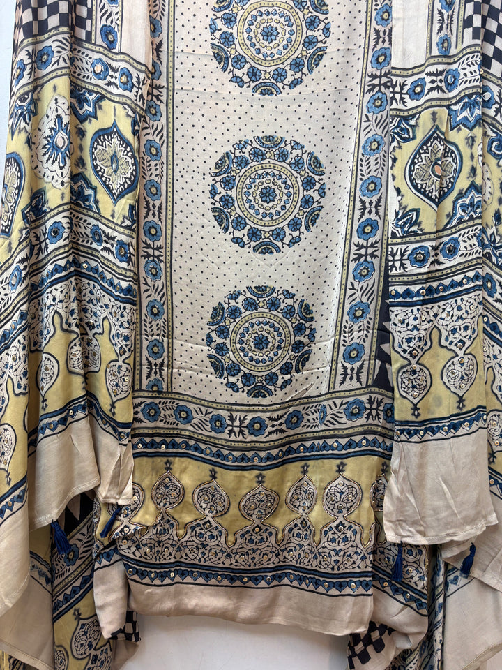 Green Ajrakh Modal Handblock Printed Suit Set with Mirror &amp; Cutdana Work