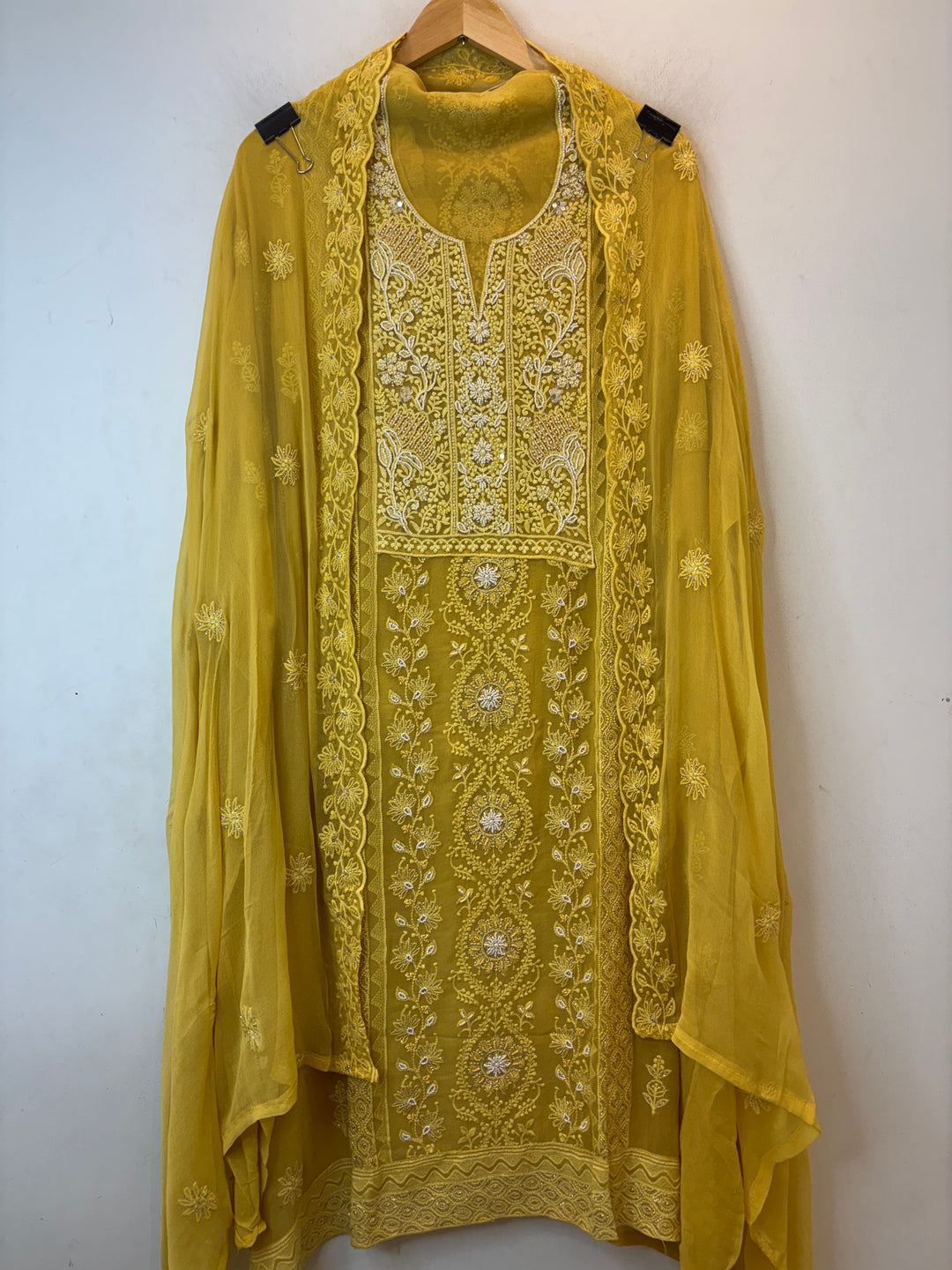 Yellow Georgette Lucknowi Embroidered Suit Set with Chiffon Dupatta
