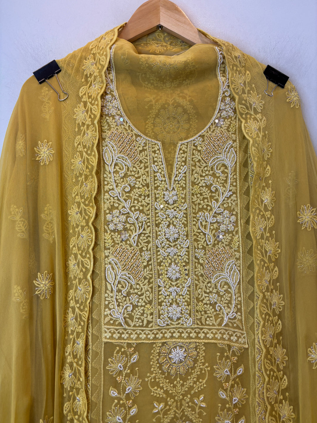 Yellow Georgette Lucknowi Embroidered Suit Set with Chiffon Dupatta