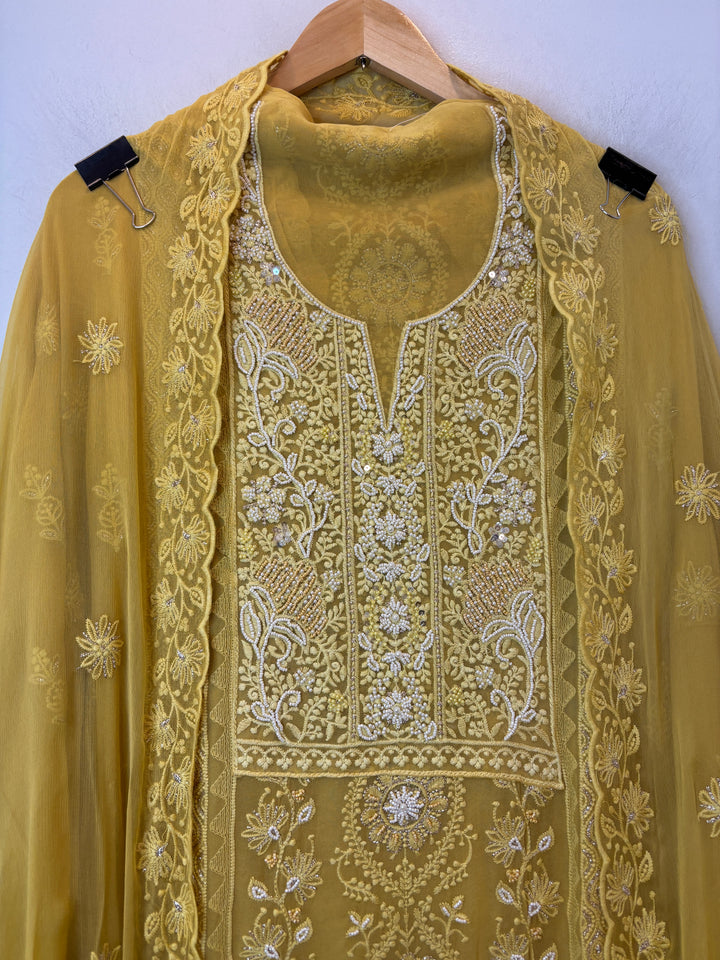 Yellow Georgette Lucknowi Embroidered Suit Set with Chiffon Dupatta
