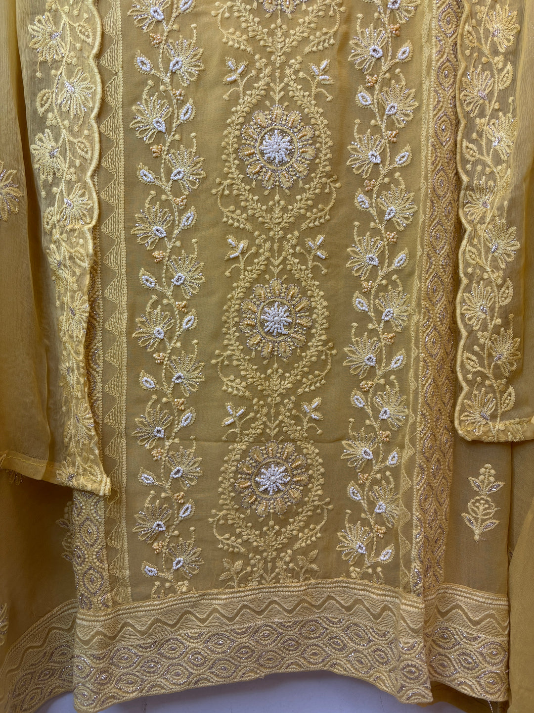 Yellow Georgette Lucknowi Embroidered Suit Set with Chiffon Dupatta