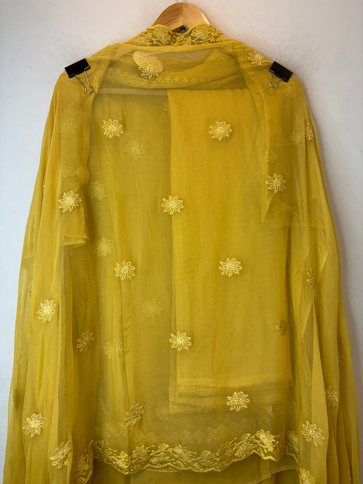 Yellow Georgette Lucknowi Embroidered Suit Set with Chiffon Dupatta