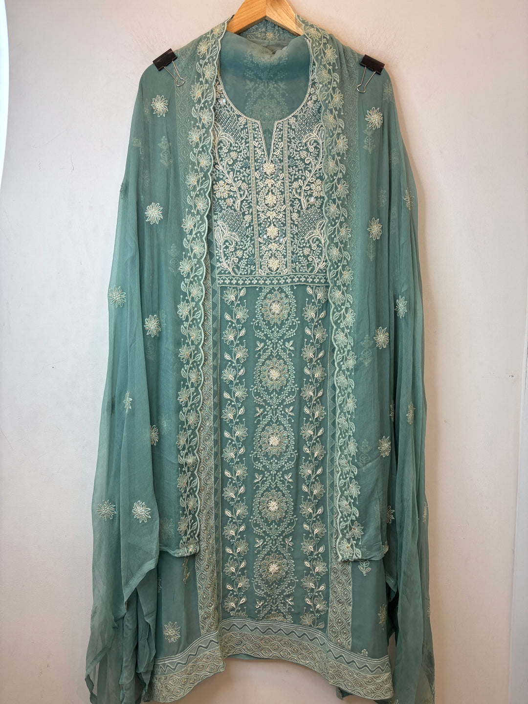 Sage Green Georgette Lucknowi Embroidered Suit Set with Chiffon Dupatta