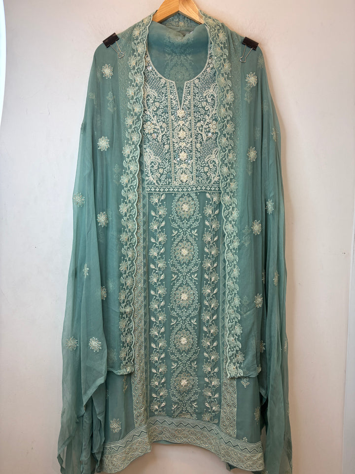 Sage Green Georgette Lucknowi Embroidered Suit Set with Chiffon Dupatta