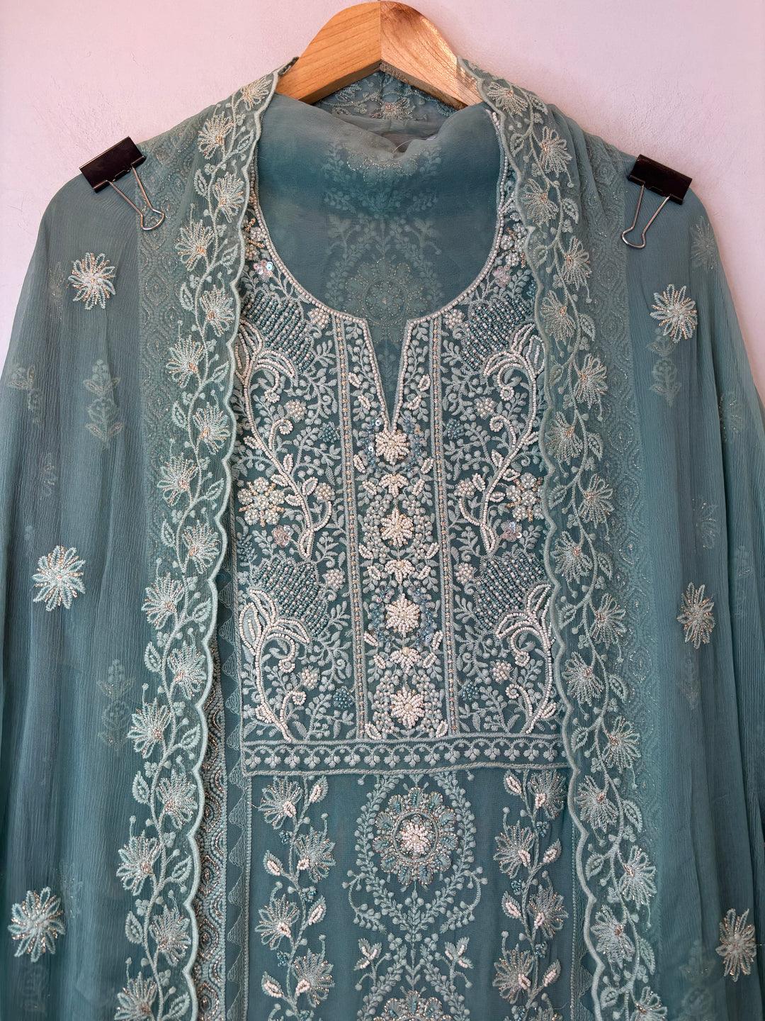 Sage Green Georgette Lucknowi Embroidered Suit Set with Chiffon Dupatta