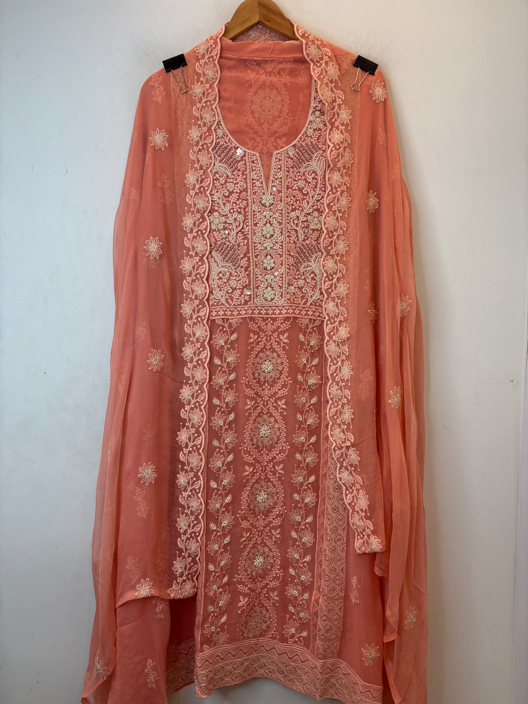 Peach Georgette Lucknowi Embroidered Suit Set with Chiffon Dupatta