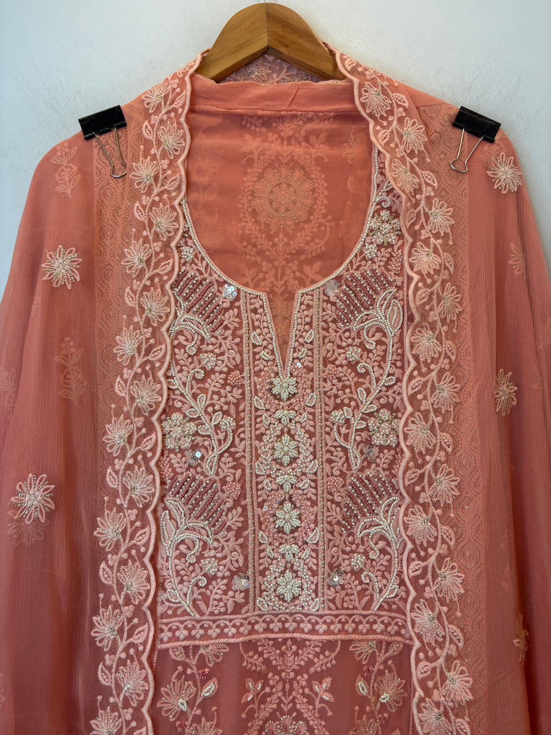 Peach Georgette Lucknowi Embroidered Suit Set with Chiffon Dupatta