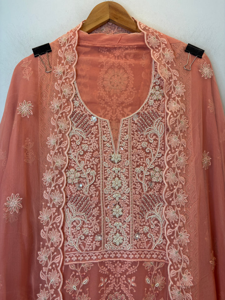 Peach Georgette Lucknowi Embroidered Suit Set with Chiffon Dupatta